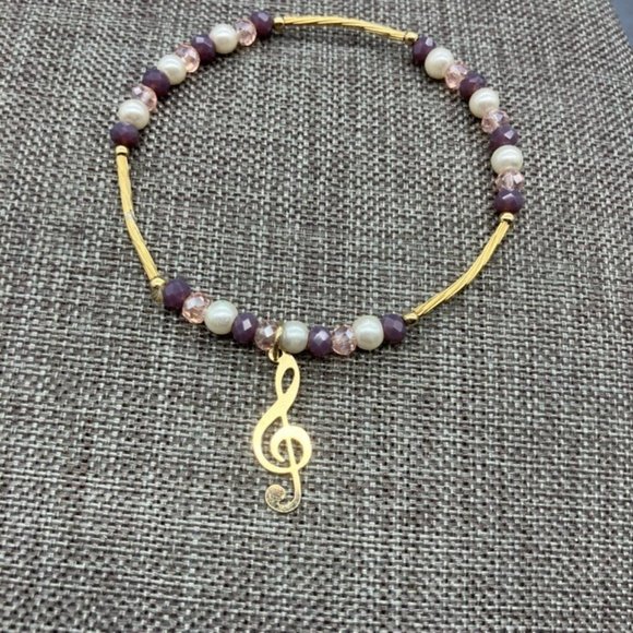 G Clef Charm Bracelet Stretch Gold Purple Pearl Music Musician Song Retro BoHo - Picture 1 of 6